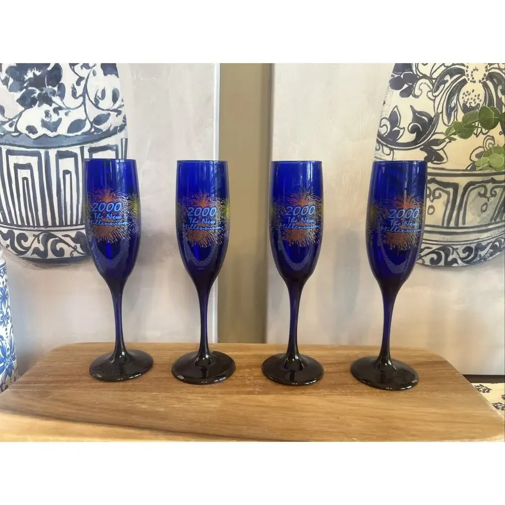 VTG-LIBBEY COBALT BLUE FIREWORKS “2000~THE NEW MILLENNIUM” CHAMPAGNE GLASSES 9”